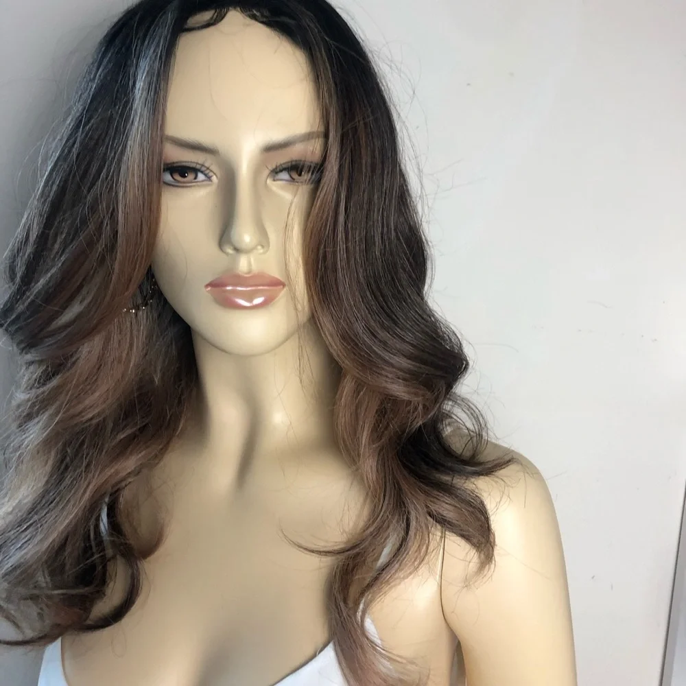 Honey Ash Brown & Dark Brown WAVY Middle Part Lace 24 Inches Synthetic Wig